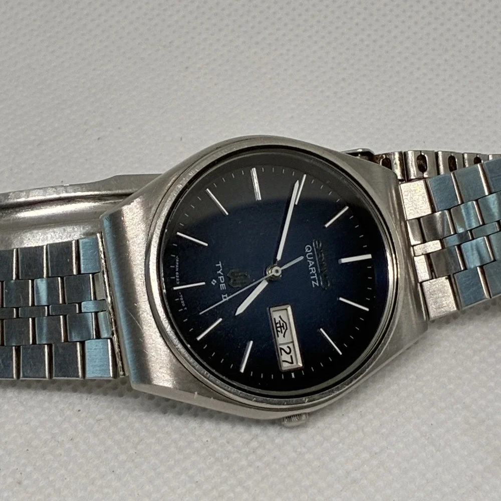 Vintage Seiko Type II 8223-701D Blue Dial Quartz Men's Watch 35mm - NEW CRYSTAL!